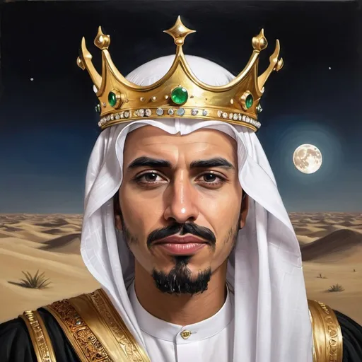 Prompt: Creat An oil painting moon+ Saudi Desert + king crown