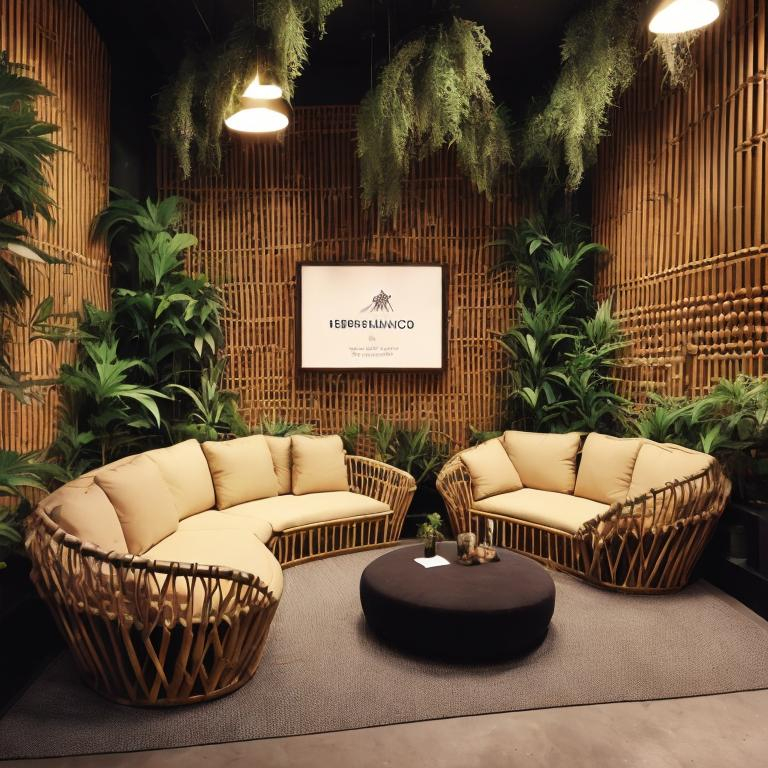 Prompt: photorealistic high-end minimalist cannabis dispensary, vegan café, and lounge with walls made of bamboo and natural materials. Comfortable plush seating. Incorporate colors with the hex #ffa62b, 7d946c, 01624c in the seating,  or accent wall. leave space on the wall for a sign.