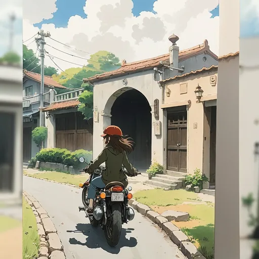Prompt: 2d studio ghibli anime style, girl on motorcycle, anime scene