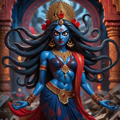 Prompt: (Goddess Kali fully covered in intricately designed clothes), (fearsome expression), (striking dark colors with ornate details), (traditional Indian attire), (mythical setting), (intense atmosphere), powerful stance, demon Raktabija visibly defeated, surrounded by debris, (dynamic, dramatic lighting), (ultra-detailed), rich textures, conveying strength and confidence, (vibrant hues of red and deep blue), ethereal background.