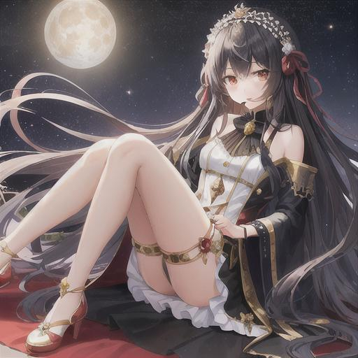 Prompt: Full body High quality, a cute girl with a long straight wavy at end black hair (goddess look like), and a moon lights on her body which is white. Fluffy hair. With hair accessories and red black clothing which is fancy. in a flower garden at night, with a moon on the back. an magical aura around her, and fluffy hair. with a fancy and glorious staff in her hand. While Casting a magic 