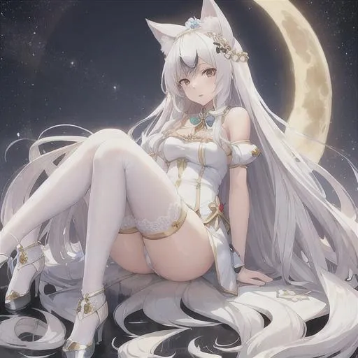 Prompt: Full body High quality, a hot girl with a long straight wavy at end white hair (goddess look like), and a moon lights on her body which is white. Fluffy hair. With hair accessories and white gold clothing which is fancy, stocking, a fox tail. in a flower garden at night, with a moon on the back. an magical aura around her. Posing a unique pose