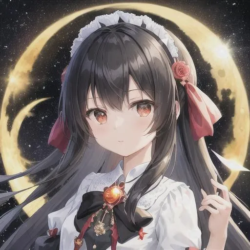 Prompt: High quality, a cute petite girl with black hair, and a moon lights on her body which is white. With hair accessories and red black clothing which is fancy. in a flower garden at night, with a moon on the back. an magical aura around her, and fluffy hair. with a fancy and glorious staff in her hand. 