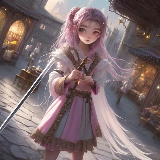 Prompt: 1 girl, hires long shot vast scenic of highly contrast pastel mix extreme delicate and beautiful moon sun ray, standing in medieval market, (masterpiece, best quality), (petite young body, half pattern luxury robe with garnet ornament, holding fantasy sword), intricate hair, stray hairs, red eyes, flying pastel mix fluffy black hair, finely detailed, highly detailed sword, looking from top, night view, dark sky, at high moon, windy, professional, dark night moon, moon ray, highly contrast, studio lighting, white energy in the air, extreme detailed, white back light, black back light, red back light, realistic, poster, hyper realistic, ultra realistic, UHD, HDR, 64K, inspired by wlop, UHD render, HDR render, 3D render, concept art, CG light on face, back light