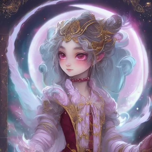 Prompt: 1 girl, hires long shot vast scenic of highly contrast pastel mix extreme delicate and beautiful moon sun ray, standing while casting a magic to enemy, (masterpiece, best quality), (petite young body, half pattern luxury robe with garnet ornament, holding fantasy staff, goddess look like), intricate hair, red eyes, flying black mix fluffy white hair, finely detailed, highly detailed staff, looking from top, night view, dark sky, at high moon, windy, professional, dark night moon, moon ray, highly contrast, studio lighting, white energy in the air, extreme detailed, white back light, black back light, red back light, realistic, poster, hyper realistic, ultra realistic, UHD, HDR, 64K, inspired by wlop, UHD render, HDR render, 3D render, concept art, CG light on face, back light