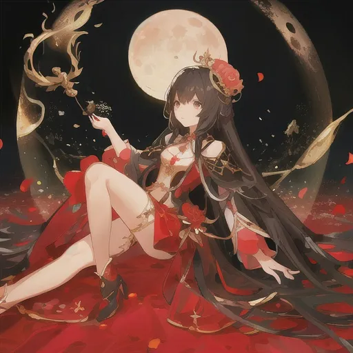 Prompt: Full body High quality, a cute petite girl with a long straight wavy at end black hair (goddess look like), and a moon lights on her body which is white. Fluffy hair. With hair accessories and red black clothing which is fancy. in a flower garden at night, with a moon on the back. an magical aura around her, and fluffy hair. with a fancy and glorious staff in her hand. 