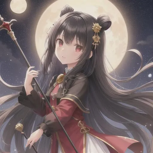 Prompt: High quality, a cute petite girl with a long straight wavy at end black hair (goddess look like), and a moon lights on her body which is white. With hair accessories and red black clothing which is fancy. in a flower garden at night, with a moon on the back. an magical aura around her, and fluffy hair. with a fancy and glorious staff in her hand. 