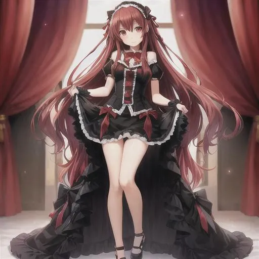 Prompt: Full body High quality, a hot girl with a long straight wavy at end dark red hair (goddess look like), and lights on her body which is white. With black Fluffy hair. With hair accessories likes bow and lolita style of clothing which is elegant. in a castle look a like. an aura around her. 