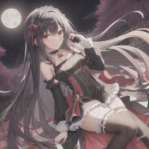 Prompt: Full body High quality, a cute girl with a long straight wavy at end black hair (goddess look like), and a moon lights on her body which is white. Fluffy hair. With hair accessories and red black clothing which is fancy, black choker, stocking. in a flower garden at night, with a moon on the back. an magical aura around her, and fluffy hair. with a fancy and glorious staff in her hand. While Casting a magic 