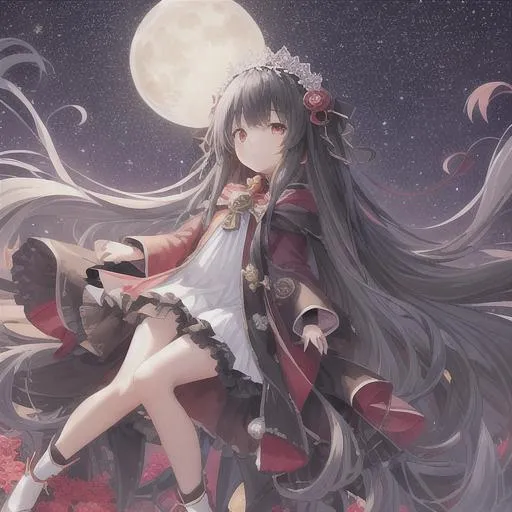 Prompt: Full body High quality, a cute petite girl with a long straight wavy at end black hair (goddess look like), and a moon lights on her body which is white. Fluffy hair. With hair accessories and red black clothing which is fancy. in a flower garden at night, with a moon on the back. an magical aura around her, and fluffy hair. with 1 fancy and glorious staff in her hand. 