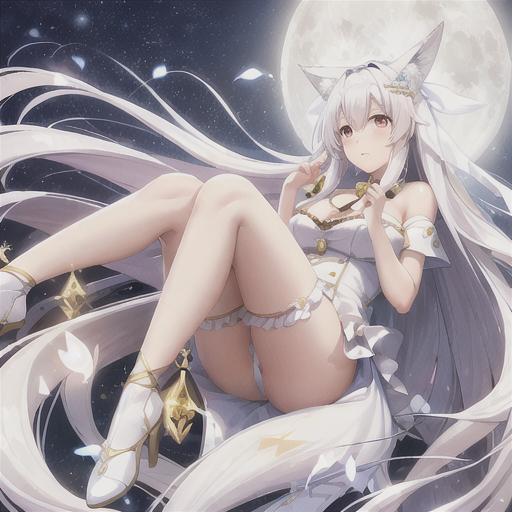 Prompt: Full body High quality, a hot girl with a long straight wavy at end white hair (goddess look like), and a moon lights on her body which is white. Fluffy hair. With hair accessories and white gold clothing which is fancy, stocking, a fox tail. in a flower garden at night, with a moon on the back. an magical aura around her. Casting a magic spell, magic aura on her hand