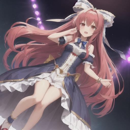 Prompt: Full body High quality, a hot girl with a long straight wavy at end, dark red with blue hair (goddess look like), and lights on her body which is white. Fluffy hair. With hair accessories likes bow and lolita style of clothing which is cute and elegant. in a ballroom. an aura around her. 