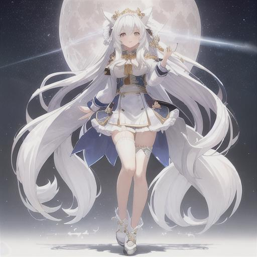 Prompt: Full body High quality, a hot girl with a long straight wavy at end white hair (goddess look like), and a moon lights on her body which is white. Fluffy hair. With hair accessories and white gold clothing which is fancy, stocking, a fox tail. in a flower garden at night, with a moon on the back. an magical aura around her. Casting a magic spell, magic aura on her hand