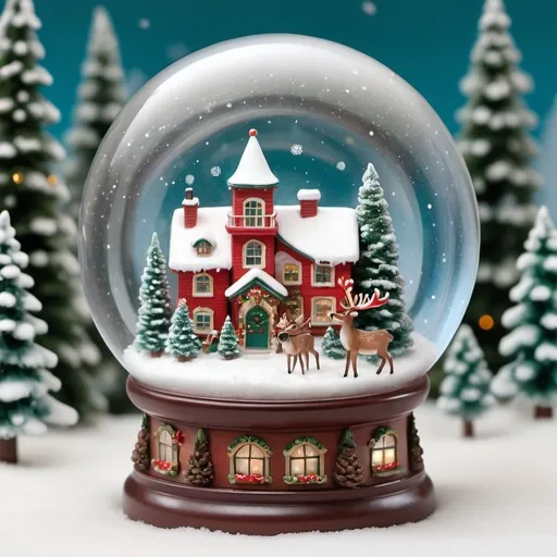 Prompt: (snow globe, North Pole scene), glass sphere, intricate details, gently falling snowflakes, reindeer,  fun, magical enchanting winter ambiance, Snow covered pine trees, quaint buildings, icicles, daytime, held by a child's hands