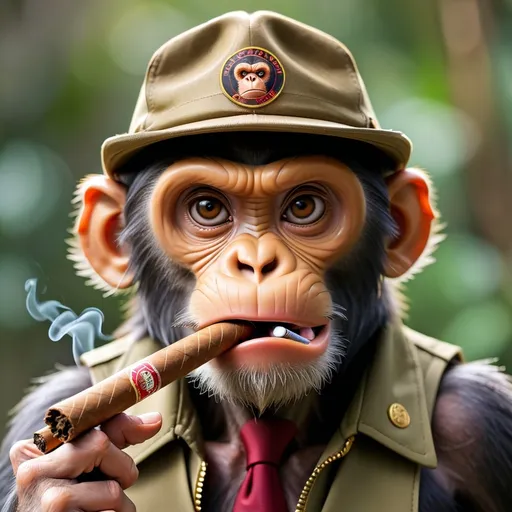 Prompt: Portrait of Badass cool looking monkey with cigar and cap.