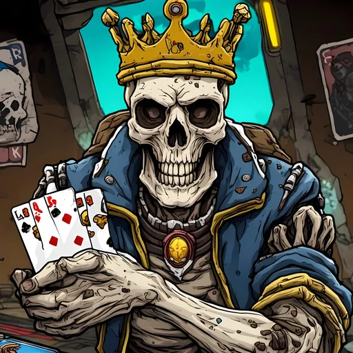 Prompt: <mymodel>Skull holding playing cards with clear logos and letters, wearing a crown, black outline, white background, full-color, high resolution, 4k, detailed, realistic, no background, regal, card game, detailed skull, intricate design, professional lighting, royal crown, clear symbols and letters, high-quality illustration