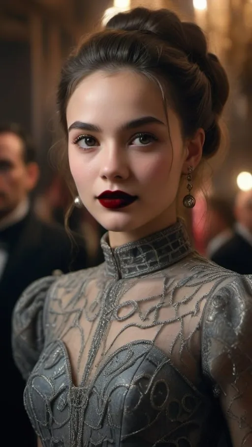 Prompt: ((best quality)), ((masterpiece)), (detailed), soft lighting, high quality, textured skin, detailed pupils, visible skin detail, skin fuzz, A woman in her 20s, standing, full dress, looking straight at the camera, with a huge maze in her background, and lavish party people, with long hair pinned up in an elegant manner wearing a high neck, ball gown and an evil creepy smile with a dark red lipstick. The murderer throws exclusive parties for the elite. These gatherings are a death trap; lured by her beauty the guests are tricked and end up in a hidden chamber where they fight for their lives in a deadly maze. Add a big Death Maze in the background