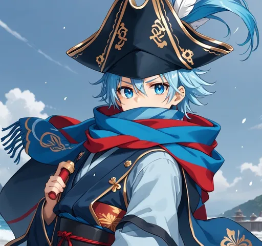 Prompt: a male, wear a dark blue pirate hat, with light blue hair, red and blue striped scarf, with a kimono that have a same color with his hat, holding his scarf with a flat expression, and make the scarf cover his mouth