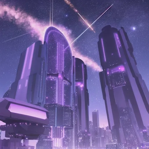 Prompt: Purple meteor shower anime background, futuristic cityscape, vibrant cosmic colors, shooting stars streaking across the sky, sleek and modern architecture, highres, ultra-detailed, anime, sci-fi, cosmic, futuristic, purple tones, vibrant lighting