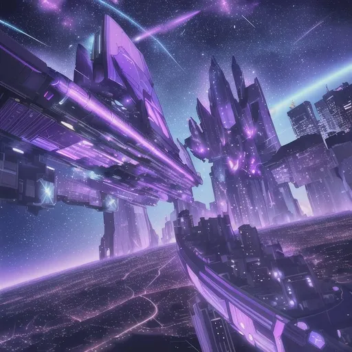 Prompt: Purple meteor shower anime background, futuristic cityscape, vibrant cosmic colors, shooting stars streaking across the sky, sleek and modern architecture, highres, ultra-detailed, anime, sci-fi, cosmic, futuristic, purple tones, vibrant lighting