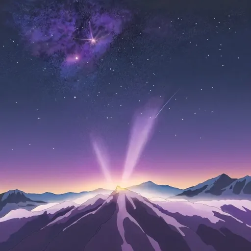 Prompt: Purple meteor shower anime background, mountains and valleys, detailed shooting stars, vibrant purple hues, high-quality, anime, meteor shower, detailed background, atmospheric lighting
