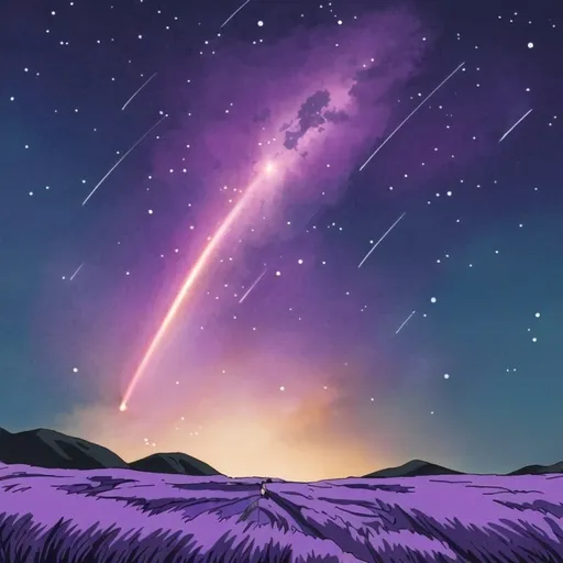 Prompt: Purple meteor shower anime background, Your name Movie reference, detailed shooting stars, vibrant purple hues, high-quality, anime, meteor shower, detailed background, atmospheric lighting