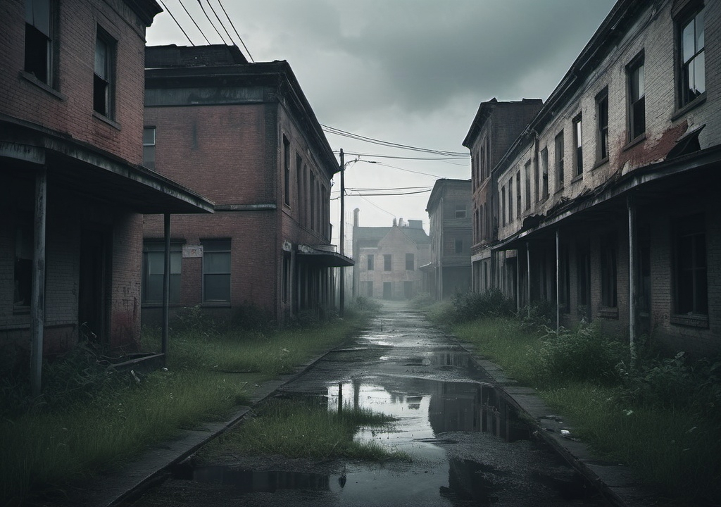 Prompt: a desolate town from a zombie apocalpyse with zombies in the distance