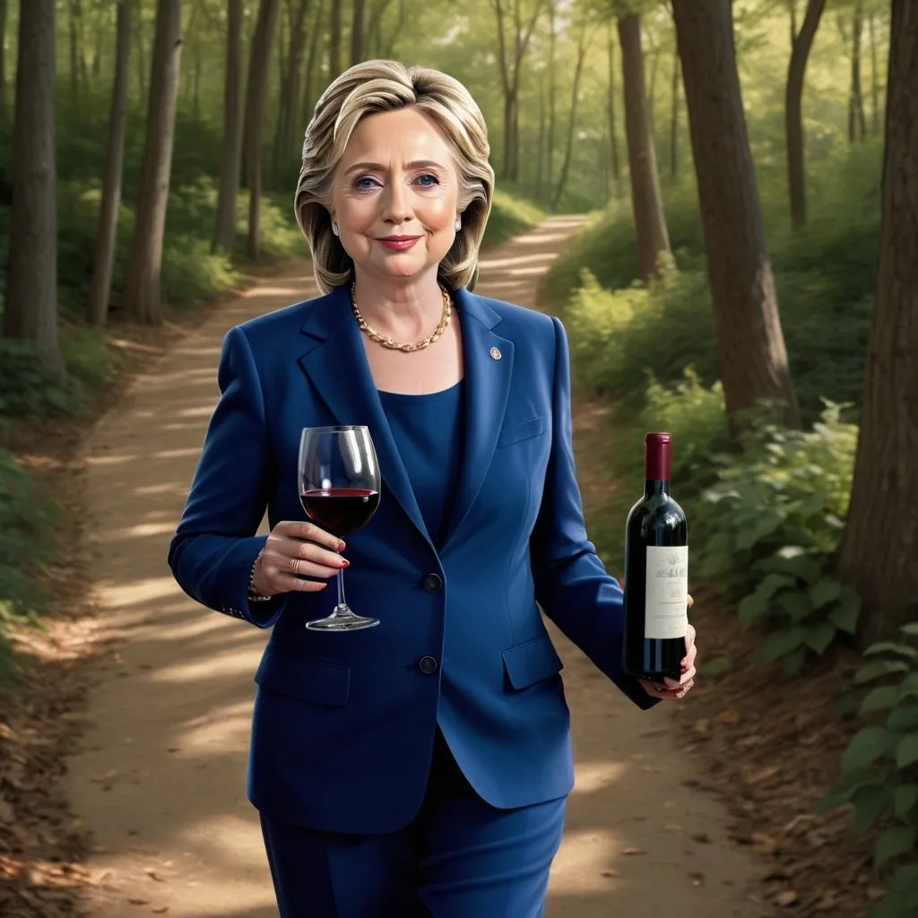 Prompt: Photorealistic image of Hillary Clinton walking along a wooded path, drunkenly drinking a bottle of wine, realistic portrait, high quality, photorealism, wooded path, detailed facial features, drunk, wine bottle, realistic lighting, natural colors, professional, detailed surroundings