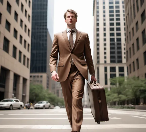 Prompt: White man wearing a brown suited with brief case, full picture, surrounded by tall buildings, high resolution 

