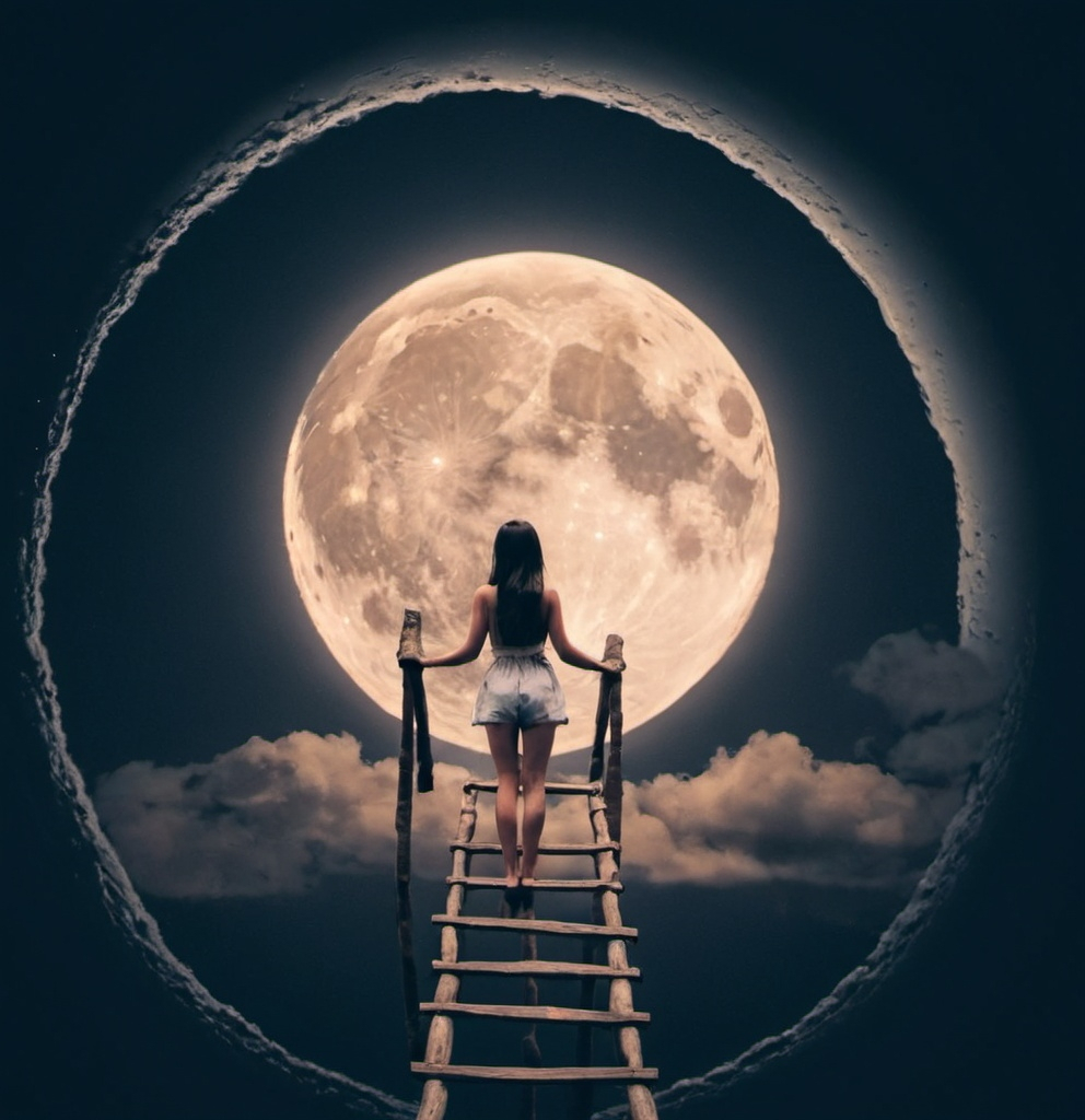 Prompt: girl moon  ladder