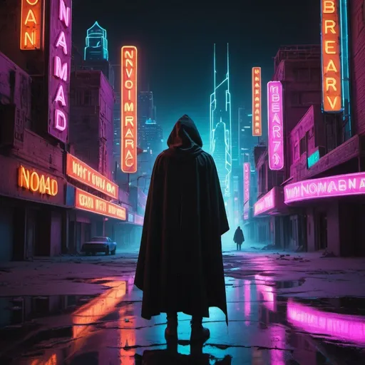 Prompt: nomad wandering barren neon city in cloak