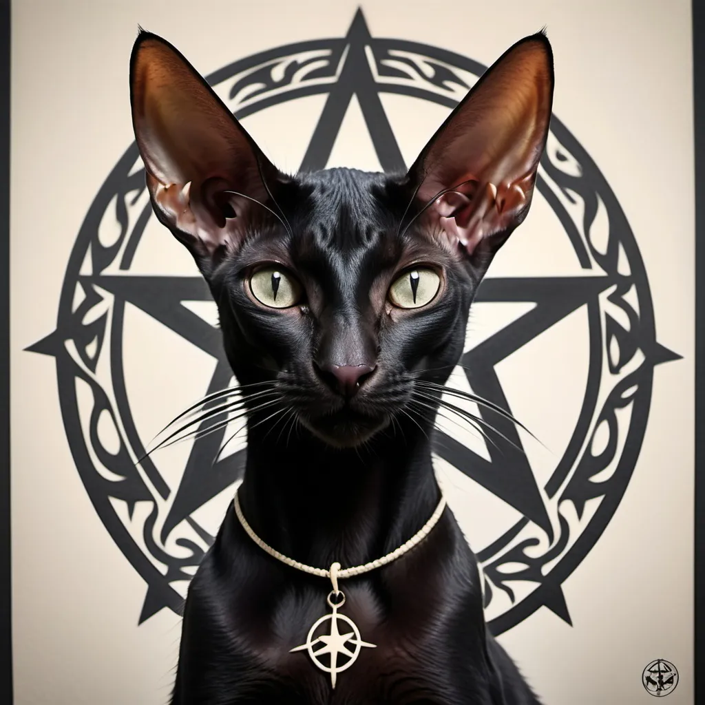 Prompt: A jet black oriental shorthair cat; with a black, elegant satanist inverted pentagram above it's head in between it's two raised paws