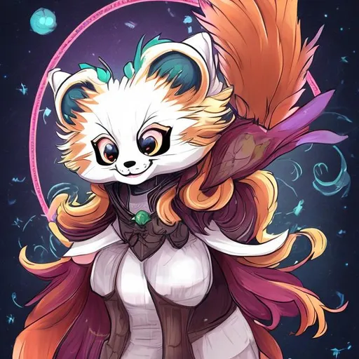 Prompt: Female red panda anthropomorphic artist fursona celestial storm witch
