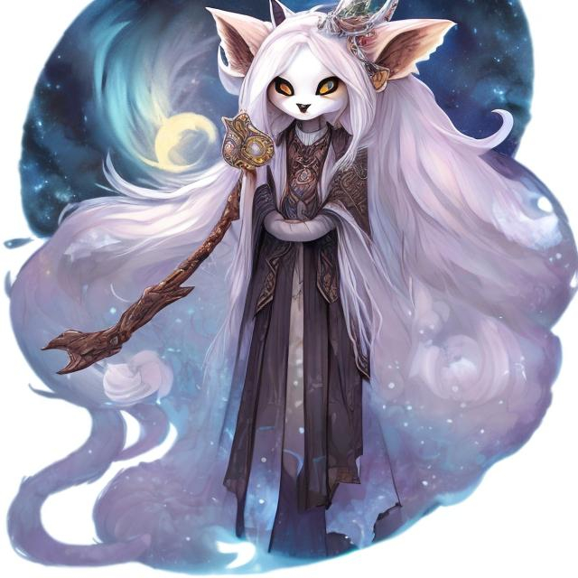 Prompt: night sky anthropomorphic cat celestial cute fox druid celtic female kitsune