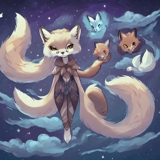 Prompt: night sky anthropomorphic cat celestial cute fox druid