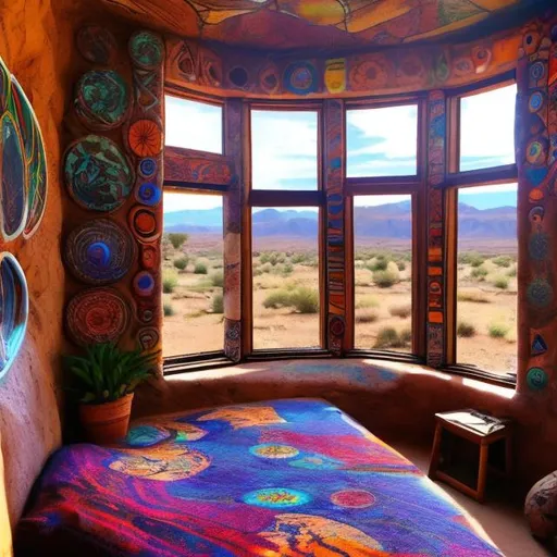 Prompt: utah inspired boho whimsigoth bedroom artist colorful books window room new mexico pueblo earthship talavera pottery plants