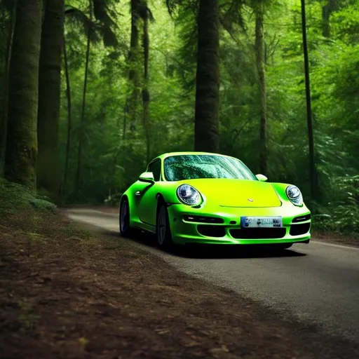 Prompt: lime green porsche driving fast in the forest