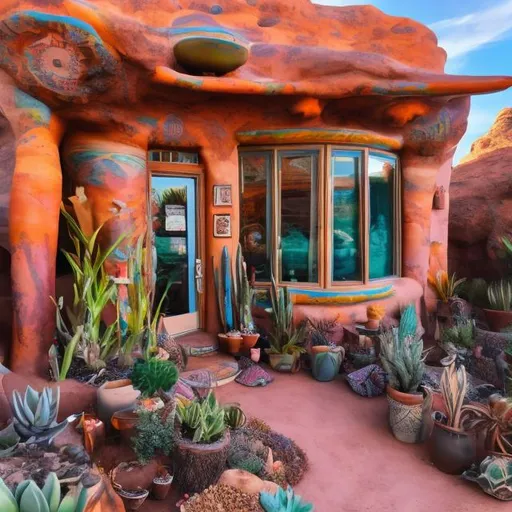 Prompt: utah inspired boho whimsigoth home artist colorful books window room new mexico pueblo earthship talavera pottery plants