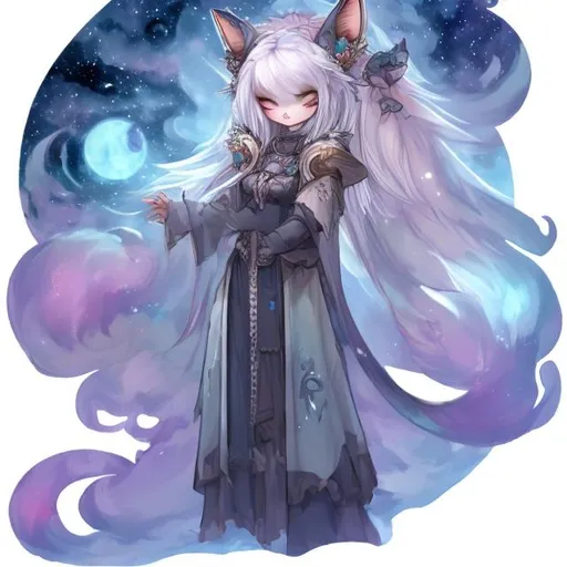 Prompt: night sky anthropomorphic cat celestial cute fox druid celtic female kitsune psychic mind