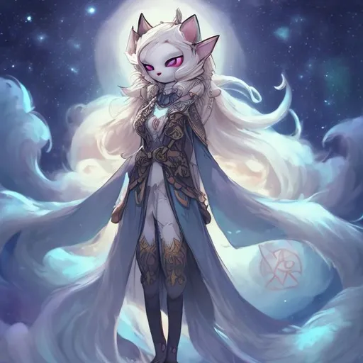 Prompt: night sky anthropomorphic cat celestial cute fox druid celtic female kitsune