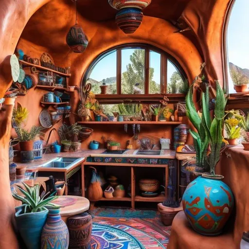 Prompt: utah inspired boho whimsigoth kitchen artist colorful books window room new mexico pueblo earthship talavera pottery plants