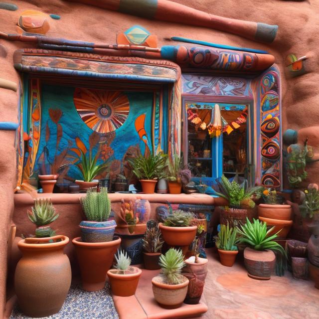 Prompt: utah inspired boho whimsigoth kitchen artist colorful books window room new mexico pueblo earthship talavera pottery plants
