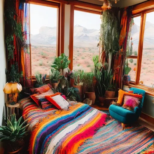Prompt: utah inspired boho whimsigoth bedroom artist colorful books window room