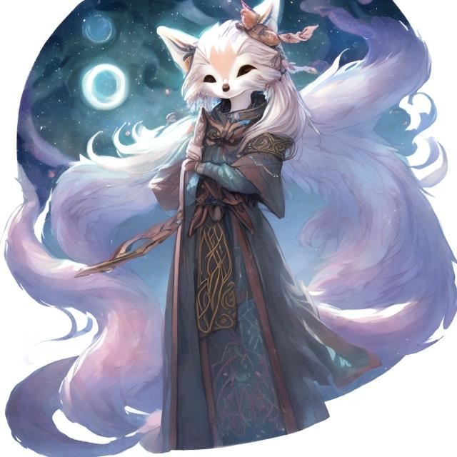 Prompt: night sky anthropomorphic cat celestial cute fox druid celtic female kitsune