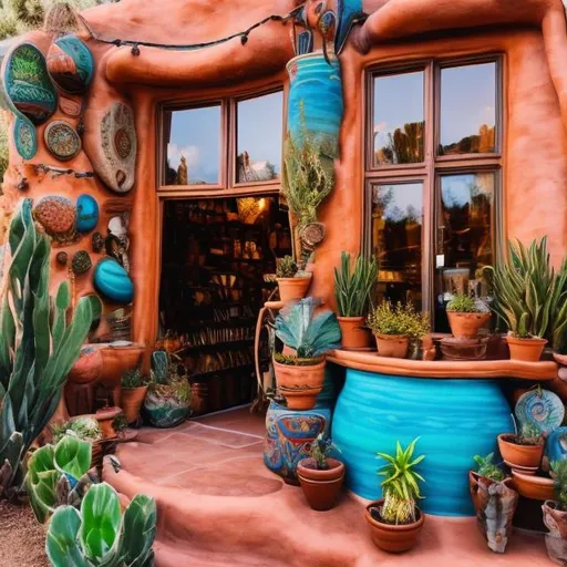 Prompt: utah inspired boho whimsigoth kitchen artist colorful books window room new mexico pueblo earthship talavera pottery plants