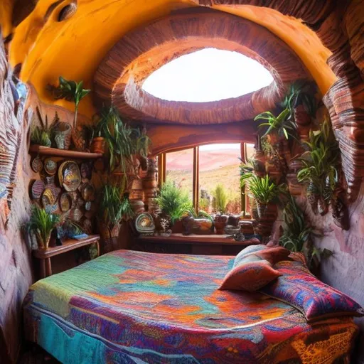 Prompt: utah inspired boho whimsigoth bedroom artist colorful books window room new mexico pueblo earthship talavera pottery plants