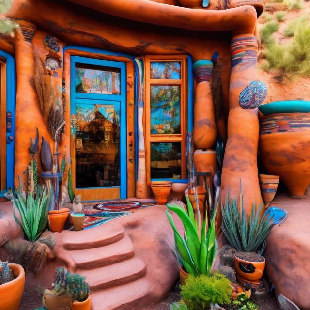 Prompt: utah inspired boho whimsigoth kitchen artist colorful books window room new mexico pueblo earthship talavera pottery plants