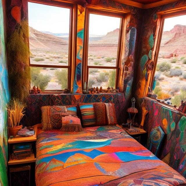 Prompt: utah inspired boho whimsigoth bedroom artist colorful books window room new mexico pueblo earthship