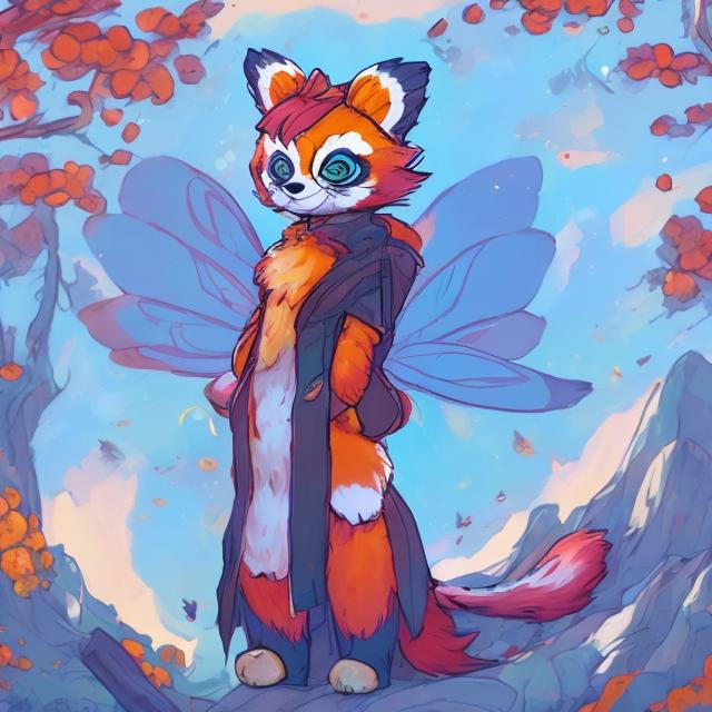 Prompt: sunshine red panda fairy yellow orange sunrise happy anthropomorphic fursona 