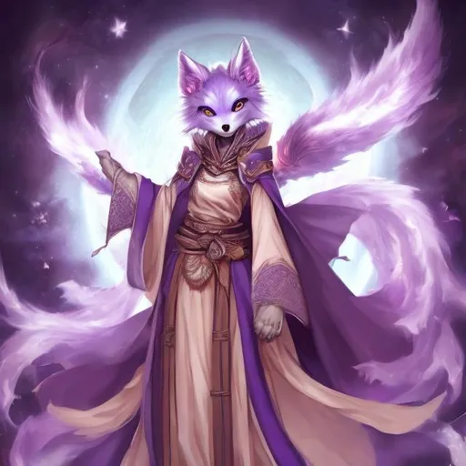 Prompt: kitsune anthropomorphic magic celestial ancient female purple cute powerful woman
